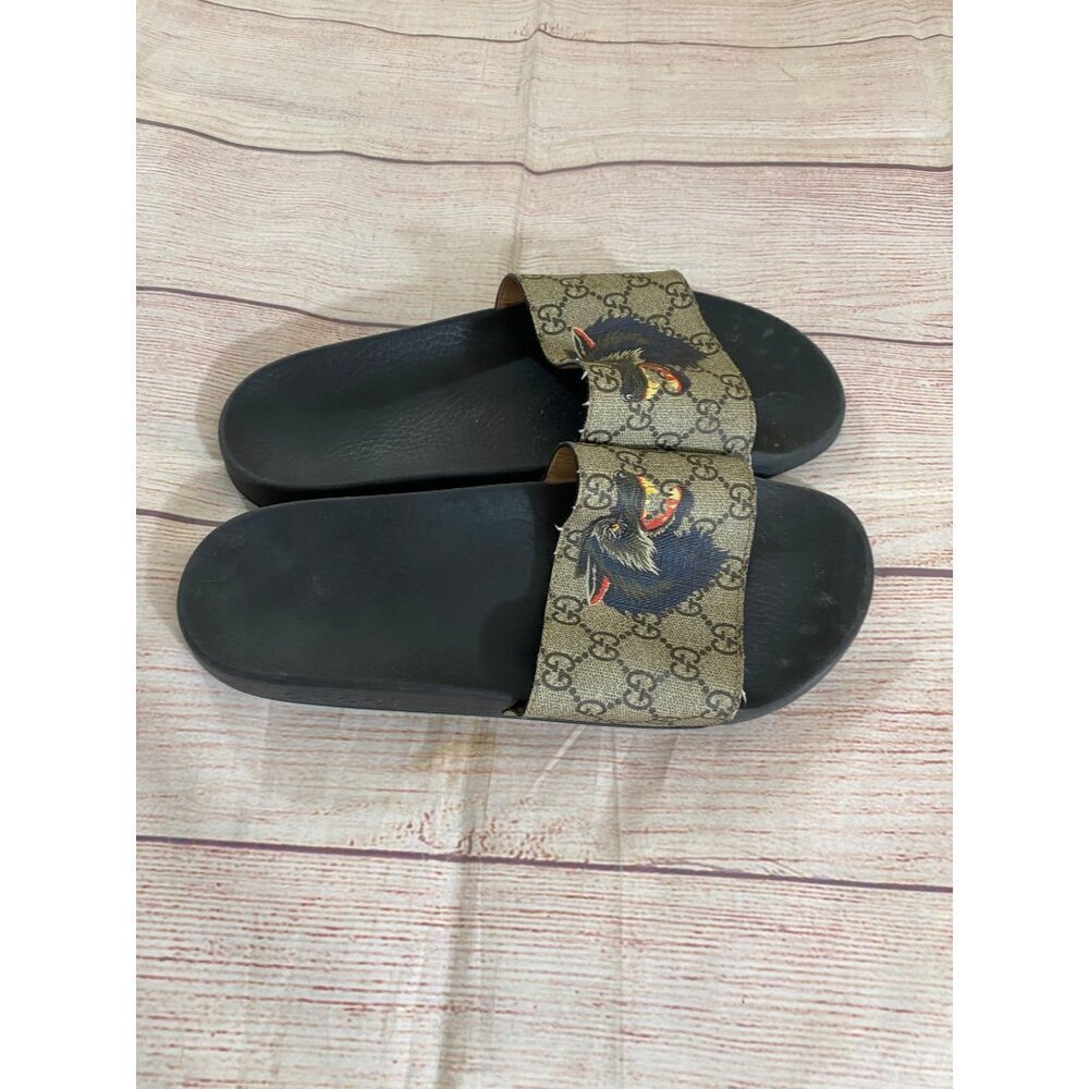 Gucci Men's Authentic Wolf GG Logo Print Brown Black Sandals Slides - 9 - Picture 5 of 16